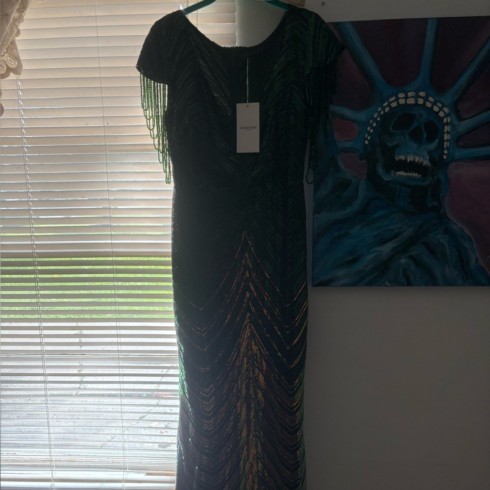 Embellished Beaded Maxi Dress in Dark Green